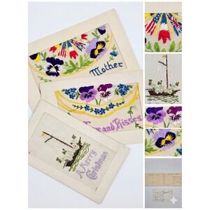 Lot 3 Vintage WWI French Silk Postcards Embroidered Mother Christmas Allied Flag